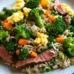 Beef and broccoli stir fry rice - the image is a close-up of a plate of food. the plate is white with a blue rim and is placed on a wooden table. the food appears to be a stir-fry dish with rice, broccoli, carrots, and scrambled eggs. the rice is brown and fluffy, and the vegetables are bright green. the broccoli is cut into small pieces and is scattered throughout the dish. the carrots are bright orange and are cut into thin strips. the scrambled eggs are yellow and runny, and they are scattered throughout. the dish looks fresh and appetizing.
