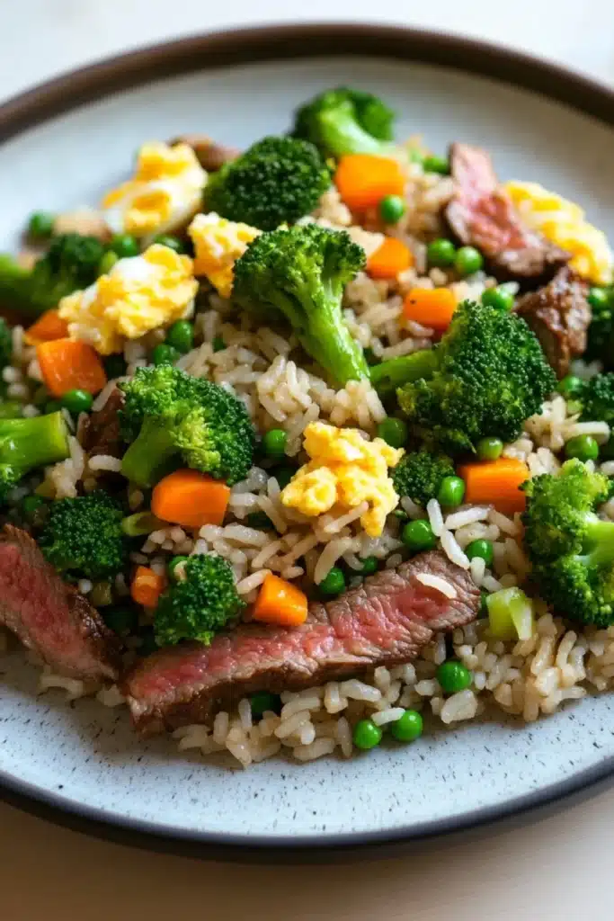 Beef and broccoli stir fry rice - the image is a close-up of a plate of food. the plate is white with a blue rim and is placed on a wooden table. the food appears to be a stir-fry dish with rice, broccoli, carrots, and scrambled eggs. the rice is brown and fluffy, and the vegetables are bright green. the broccoli is cut into small pieces and is scattered throughout the dish. the carrots are bright orange and are cut into thin strips. the scrambled eggs are yellow and runny, and they are scattered throughout. the dish looks fresh and appetizing.
