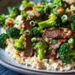 Beef and broccoli stir fry rice - the image is a close-up of a plate of food. the plate is white with a brown rim and is placed on a dark blue tablecloth. the food appears to be a stir-fry with beef and broccoli. the beef is cooked medium-rare and is cut into small pieces. the broccoli is bright green and looks fresh. the rice is light brown and fluffy. there are also some chopped green onions scattered throughout the dish. the dish looks appetizing and ready to eat.