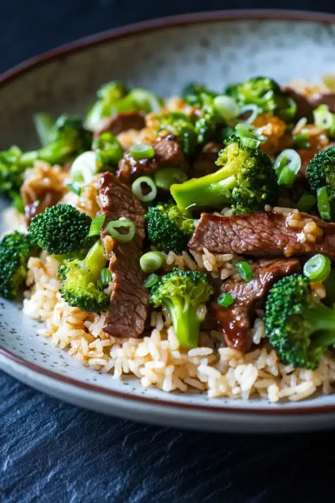 Beef and broccoli stir fry rice - the image is a close-up of a plate of food. the plate is white with a brown rim and is placed on a dark blue tablecloth. the food appears to be a stir-fry with beef and broccoli. the beef is cooked medium-rare and is cut into small pieces. the broccoli is bright green and looks fresh. the rice is light brown and fluffy. there are also some chopped green onions scattered throughout the dish. the dish looks appetizing and ready to eat.