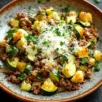 Beef and zucchini skillet - the image is a close-up of a plate of food. the plate is made of ceramic and has a dark brown color. the food appears to be a dish made with ground beef, zucchini, and other vegetables. the ground beef is a light brown color and is mixed with diced yellow squash and green onions. there is a sprinkle of grated parmesan cheese on top of the dish. the dish is garnished with fresh parsley. the background is a dark grey textured surface.