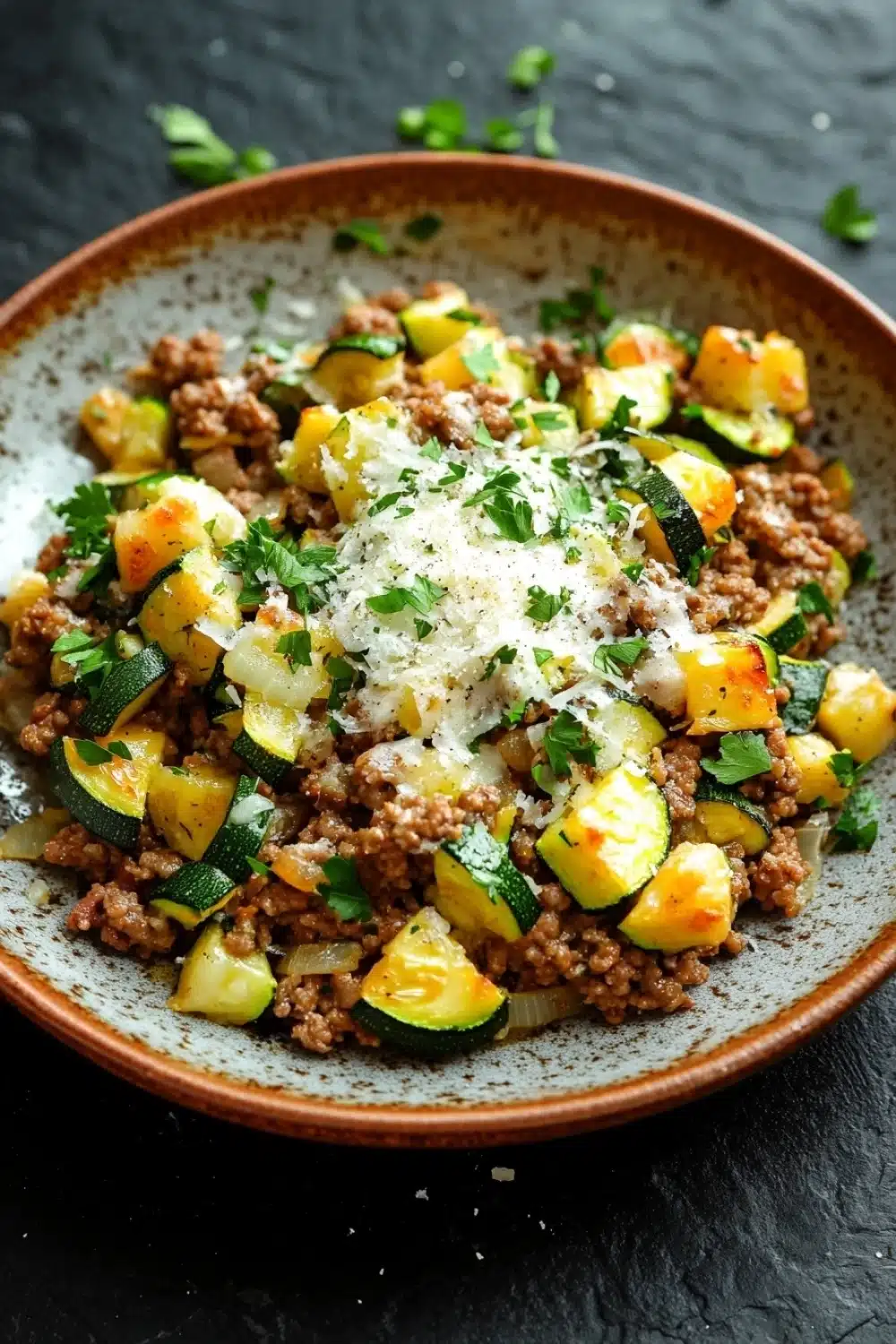 Beef and zucchini skillet - the image is a close-up of a plate of food. the plate is made of ceramic and has a dark brown color. the food appears to be a dish made with ground beef, zucchini, and other vegetables. the ground beef is a light brown color and is mixed with diced yellow squash and green onions. there is a sprinkle of grated parmesan cheese on top of the dish. the dish is garnished with fresh parsley. the background is a dark grey textured surface.