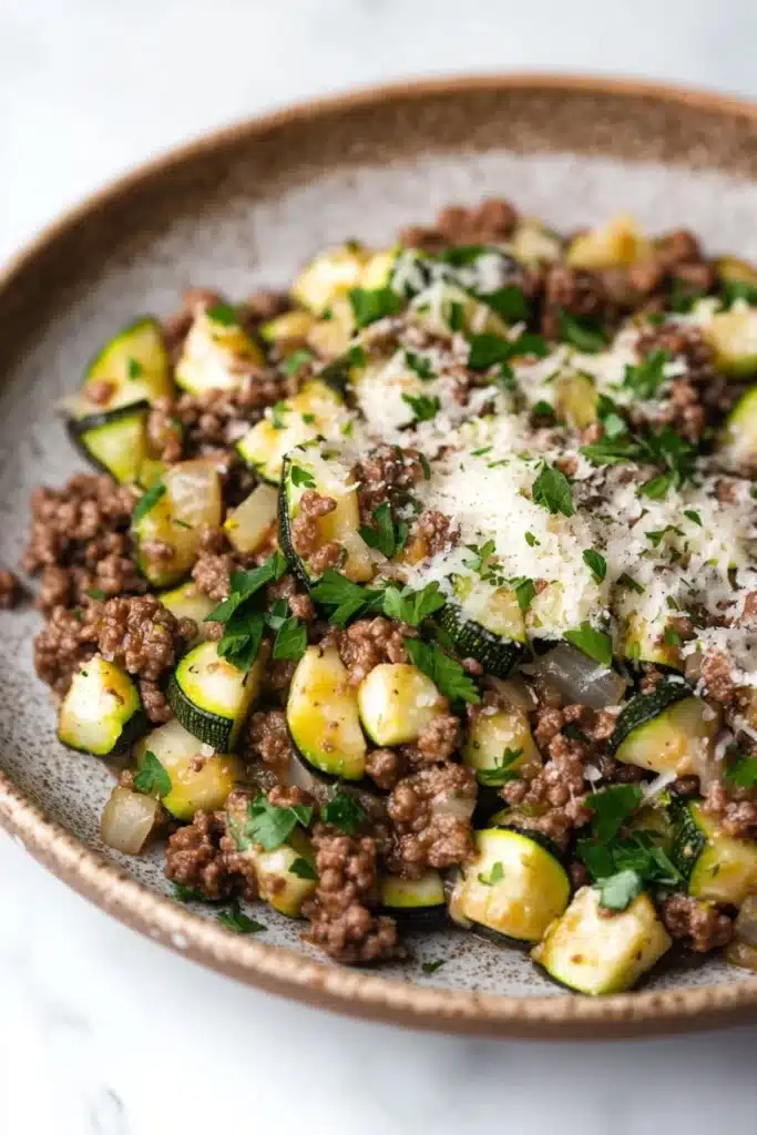 Beef and zucchini skillet - the image is a close-up of a plate of food. the plate is made of a light-colored ceramic bowl with a brown rim. the food appears to be a dish made with zucchini, ground beef, and parmesan cheese. the zucchinis are cut into small cubes and are arranged in a pile on top of the ground beef. the ground beef is a dark brown color and is scattered throughout the dish. there are also some chopped parsley scattered throughout, adding a pop of green color to the dish and giving it a fresh and appetizing appearance. the background is a white marble countertop.
