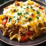 Beef casserole with ground beef and noodles - the image shows a plate of lasagna on a dark brown plate. the lasagna is made with fettuccine noodles, ground beef, and tomato sauce. the top of the lasagna has melted cheese and garnished with chopped parsley. the plate is sitting on a wooden table with a sprig of parsley in the background. the overall color scheme of the image is warm and inviting.
