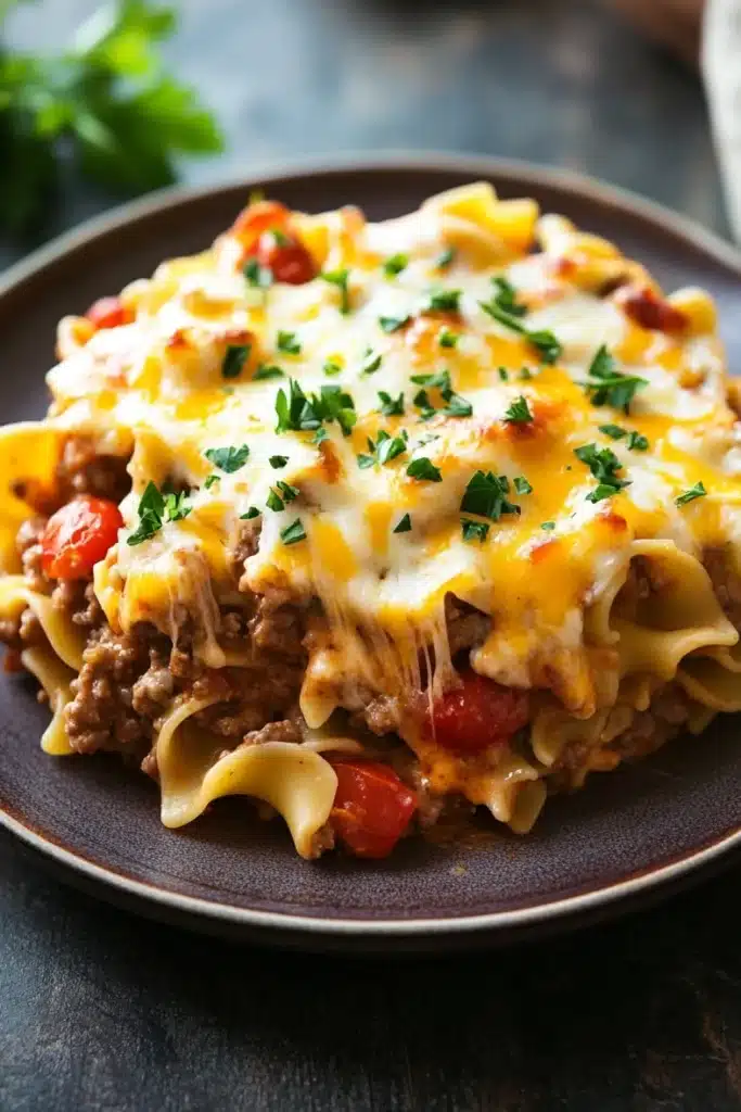 Beef casserole with ground beef and noodles - the image shows a plate of lasagna on a dark brown plate. the lasagna is made with fettuccine noodles, ground beef, and tomato sauce. the top of the lasagna has melted cheese and garnished with chopped parsley. the plate is sitting on a wooden table with a sprig of parsley in the background. the overall color scheme of the image is warm and inviting.