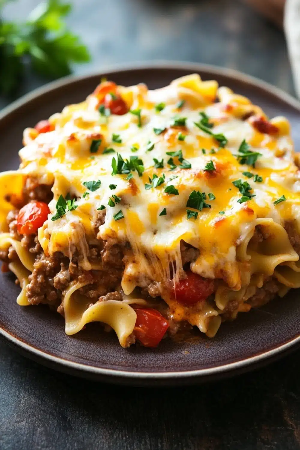 Beef casserole with ground beef and noodles - the image shows a plate of lasagna on a dark brown plate. the lasagna is made with fettuccine noodles, ground beef, and tomato sauce. the top of the lasagna has melted cheese and garnished with chopped parsley. the plate is sitting on a wooden table with a sprig of parsley in the background. the overall color scheme of the image is warm and inviting.