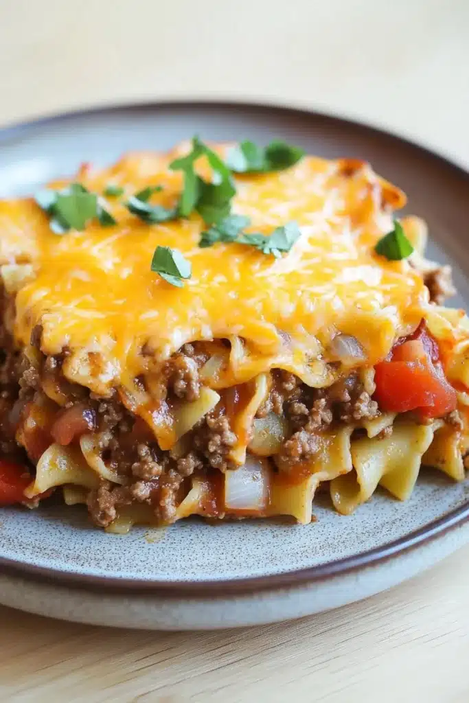 Beef casserole with ground beef and noodles - the image shows a plate of lasagna on a wooden table. the lasagna is made with long, thin noodles and topped with a layer of melted cheese. the cheese is golden brown and appears to be melted and bubbly. the top of the lasagna has a generous amount of ground beef, which is visible in the center. there are also chunks of red bell peppers and onions scattered throughout the dish. the plate is blue and has a speckled texture. the background is blurred, but it seems to be a kitchen countertop.