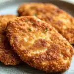 Beef chicken cutlets - the image shows three pieces of breaded chicken cutlets on a blue plate. the breaded meat appears to be golden brown and crispy on the outside, with a layer of melted cheese on top. the plate is sitting on a wooden table, and the background is blurred, making the breaded patties the focal point of the image.