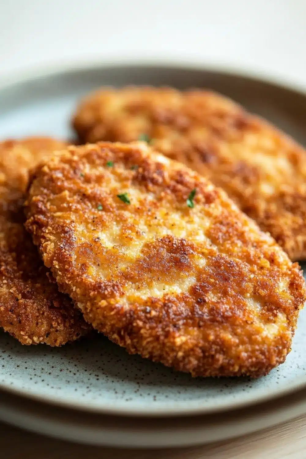 Beef chicken cutlets - the image shows three pieces of breaded chicken cutlets on a blue plate. the breaded meat appears to be golden brown and crispy on the outside, with a layer of melted cheese on top. the plate is sitting on a wooden table, and the background is blurred, making the breaded patties the focal point of the image.