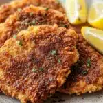 Beef chicken cutlets - the image shows three pieces of breaded chicken cutlets on a plate with two lemon wedges on the side. the chicken is golden brown and appears to be seasoned with herbs and spices. the plate is made of light-colored wood and has a textured surface. the background is blurred, but it seems to be a wooden table.