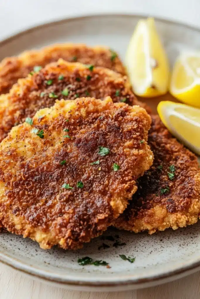 Beef chicken cutlets - the image shows three pieces of breaded chicken cutlets on a plate with two lemon wedges on the side. the chicken is golden brown and appears to be seasoned with herbs and spices. the plate is made of light-colored wood and has a textured surface. the background is blurred, but it seems to be a wooden table.
