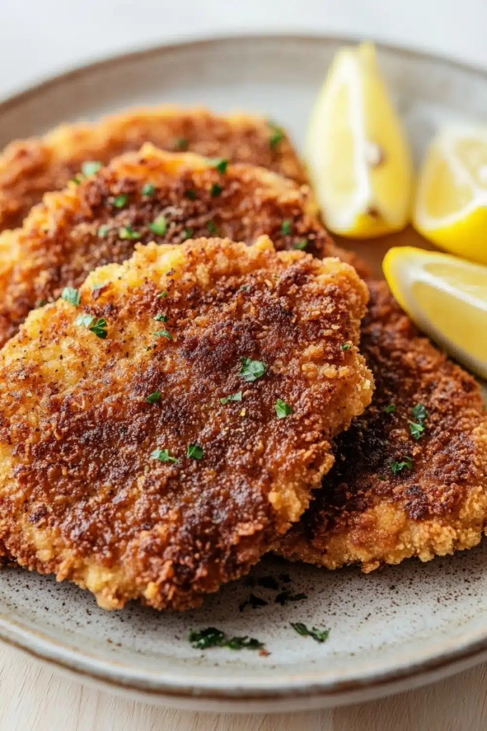 Beef chicken cutlets - the image shows three pieces of breaded chicken cutlets on a plate with two lemon wedges on the side. the chicken is golden brown and appears to be seasoned with herbs and spices. the plate is made of light-colored wood and has a textured surface. the background is blurred, but it seems to be a wooden table.
