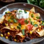 Beef enchilada skillet - the image shows a plate of nachos on a wooden table. the plate is made of dark blue ceramic and has a rustic design. on top of the nacho, there is a layer of melted cheese, diced tomatoes, corn kernels, and black beans. there are also a few sprigs of cilantro scattered around the plate. the background is blurred, but it appears to be a kitchen countertop with more cilantro leaves.