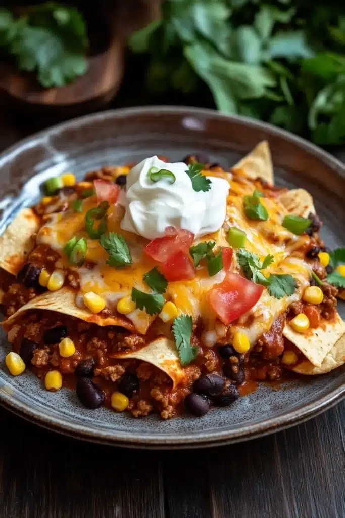 Beef enchilada skillet - the image shows a plate of nachos on a wooden table. the plate is made of dark blue ceramic and has a rustic design. on top of the nacho, there is a layer of melted cheese, diced tomatoes, corn kernels, and black beans. there are also a few sprigs of cilantro scattered around the plate. the background is blurred, but it appears to be a kitchen countertop with more cilantro leaves.