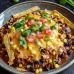Beef enchilada skillet - the image is a close-up of a bowl of chili con carne. the chili is made with ground beef, black beans, corn kernels, diced tomatoes, and cilantro. there are also tortilla chips scattered throughout the dish. the bowl is sitting on a black countertop with a few sprigs of cilantro on the side. in the background, there is a small bowl of salsa and a spoon. the overall color scheme of the image is warm and inviting.