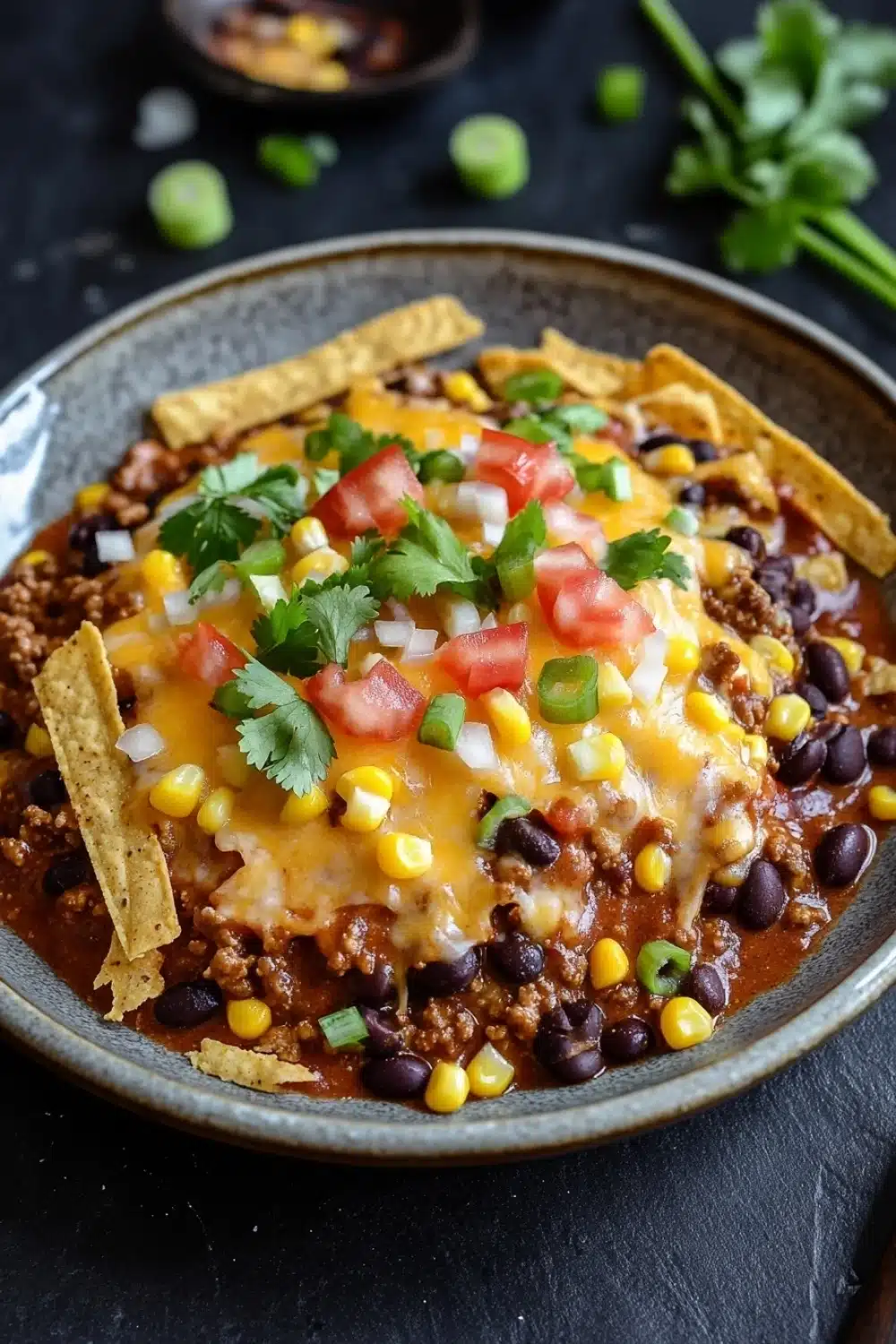 Beef enchilada skillet - the image is a close-up of a bowl of chili con carne. the chili is made with ground beef, black beans, corn kernels, diced tomatoes, and cilantro. there are also tortilla chips scattered throughout the dish. the bowl is sitting on a black countertop with a few sprigs of cilantro on the side. in the background, there is a small bowl of salsa and a spoon. the overall color scheme of the image is warm and inviting.