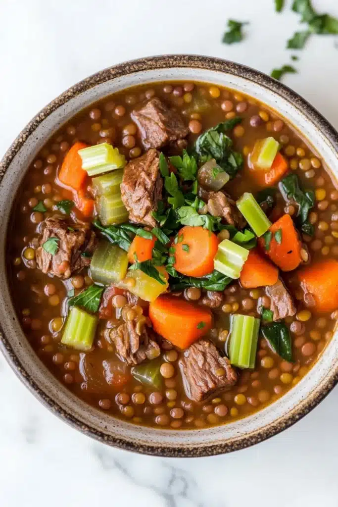 Beef lentil soup - the image is a close-up of a bowl of soup. the soup appears to be a beef stew with chunks of beef, carrots, celery, and other vegetables mixed in. the bowl is made of ceramic and is sitting on a white marble countertop. there are a few sprigs of parsley scattered around the bowl. the broth is a rich brown color and looks thick and hearty.