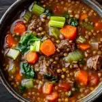 Beef lentil soup - the image is a close-up of a bowl of soup. the soup appears to be made with lentils, carrots, celery, and chunks of beef. the vegetables are mixed in with the soup, creating a colorful and appetizing appearance. the bowl is made of dark brown ceramic and is sitting on a wooden table. the background is blurred, making the soup the focal point of the image.
