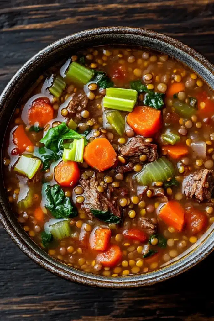 Beef lentil soup - the image is a close-up of a bowl of soup. the soup appears to be made with lentils, carrots, celery, and chunks of beef. the vegetables are mixed in with the soup, creating a colorful and appetizing appearance. the bowl is made of dark brown ceramic and is sitting on a wooden table. the background is blurred, making the soup the focal point of the image.