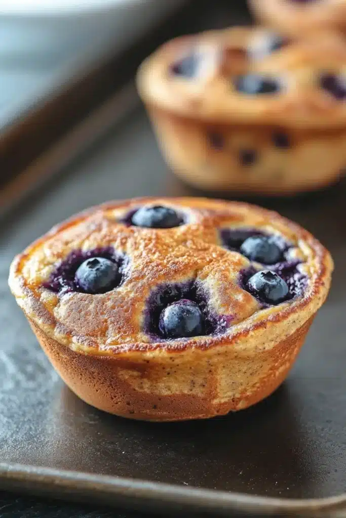 Blueberry muffin pancake bowl - the image shows a close-up of a freshly baked blueberry muffin on a black baking tray. the muffin has a golden brown crust and is filled with fresh blueberries. the blueberries are arranged in a circular pattern on top of the muffin, with some of them overlapping each other. the tray is lined with parchment paper and there is a white bowl in the background. the overall mood of the image is warm and inviting.
