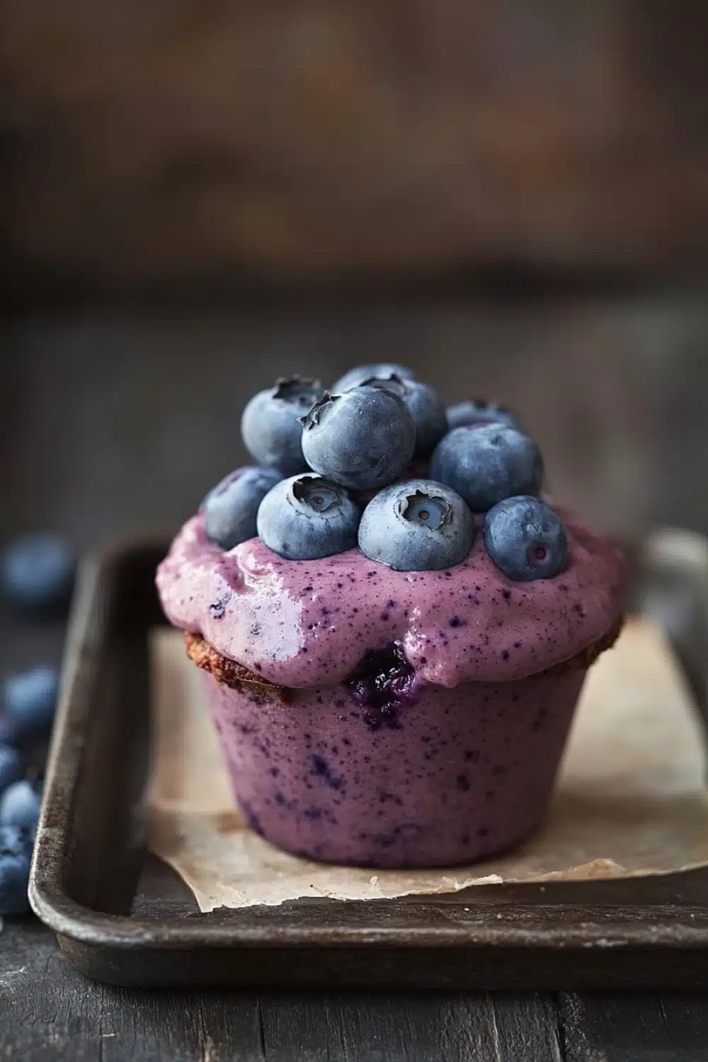 Blueberry muffin smoothie - the image is a close-up of a blueberry muffin on a wooden tray. the muffin is a light purple color and has a smooth texture. on top of the muffin, there are fresh blueberries arranged in a circular pattern. the blueberries are a deep blue color and appear to be ripe and juicy. the tray is lined with parchment paper and there are a few more blueberries scattered around it. the background is blurred, but it appears to be a rustic wooden table. the overall mood of the image is fresh and appetizing.