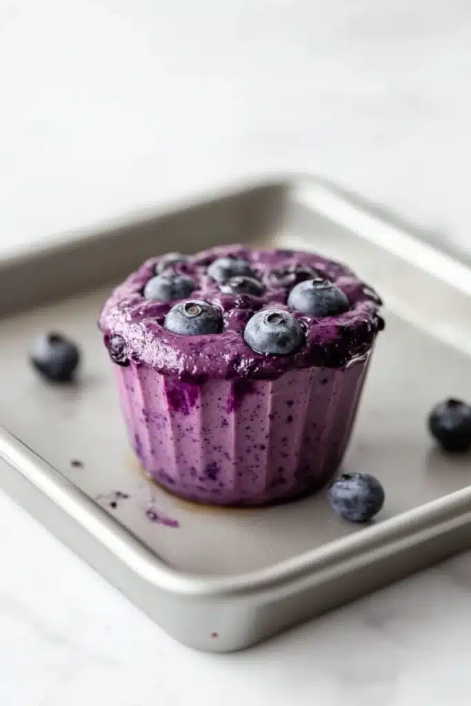 Blueberry muffin smoothie - the image shows a freshly baked blueberry muffin on a baking tray. the muffin is a deep purple color and is topped with fresh blueberries. the tray is lined with parchment paper and there are a few scattered blueberries around the muffin. the background is a white marble countertop.