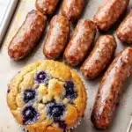 Blueberry muffin with sausage - the image shows a muffin on a baking tray. the muffin is golden brown and has a crumbly texture. it is topped with fresh blueberries. on the tray, there are several small sausages arranged in a single row. the sauses appear to be cooked and have a golden brown color. the tray is lined with parchment paper.