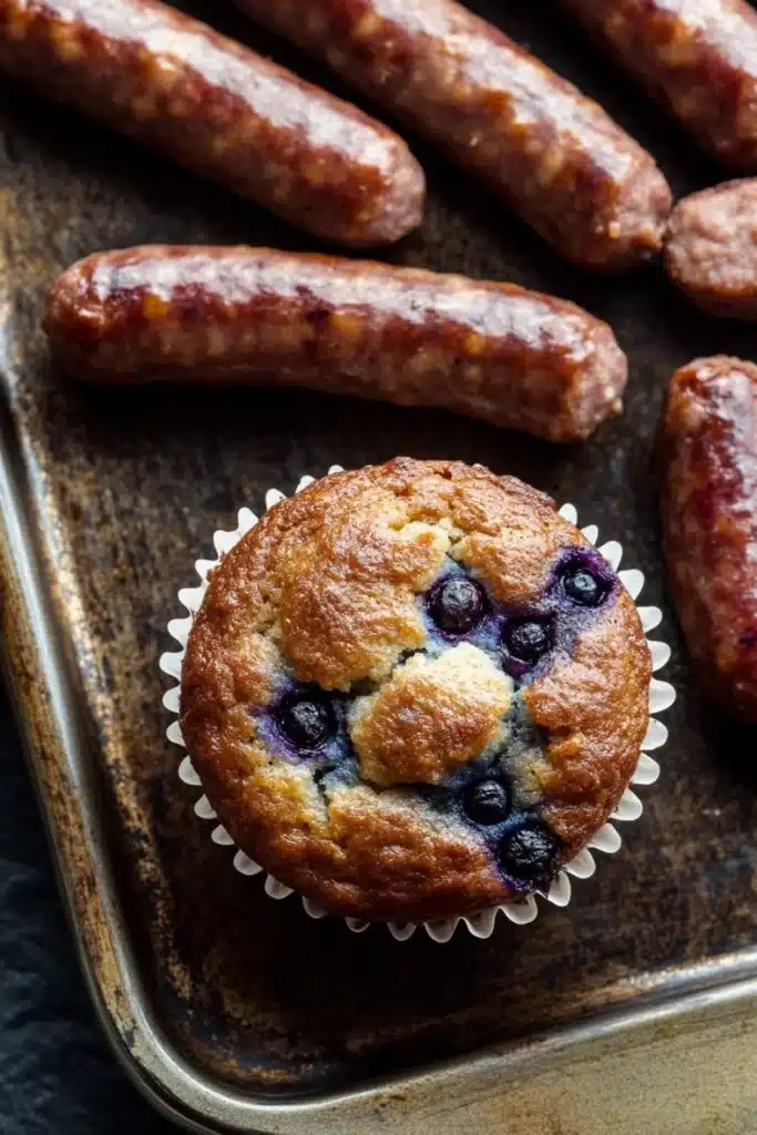 Blueberry muffin with sausage - the image shows a muffin in a white paper liner on a baking tray. the muffin is golden brown and has a crumbly texture. it is filled with blueberries and appears to be freshly baked. there are several sausages scattered around the tray, some of which are whole and some are cut in half. the tray is lined with parchment paper and there is a black countertop in the background.