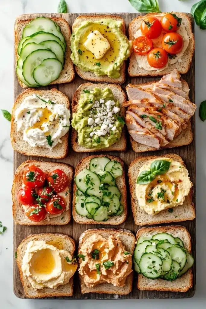 Bread toppings - the image is a flat lay of a wooden platter with nine slices of bread arranged in a grid-like pattern. each slice has a different type of avocado spread on it. the avocado spread is a bright green color and appears to be freshly made. on top of the avocado spread, there are slices of sliced cucumber, cherry tomatoes, and a dollop of sour cream. on the right side of the platter, there is a piece of grilled chicken with a sprinkle of herbs on top. the platter is garnished with fresh basil leaves. the background is a white marble countertop.