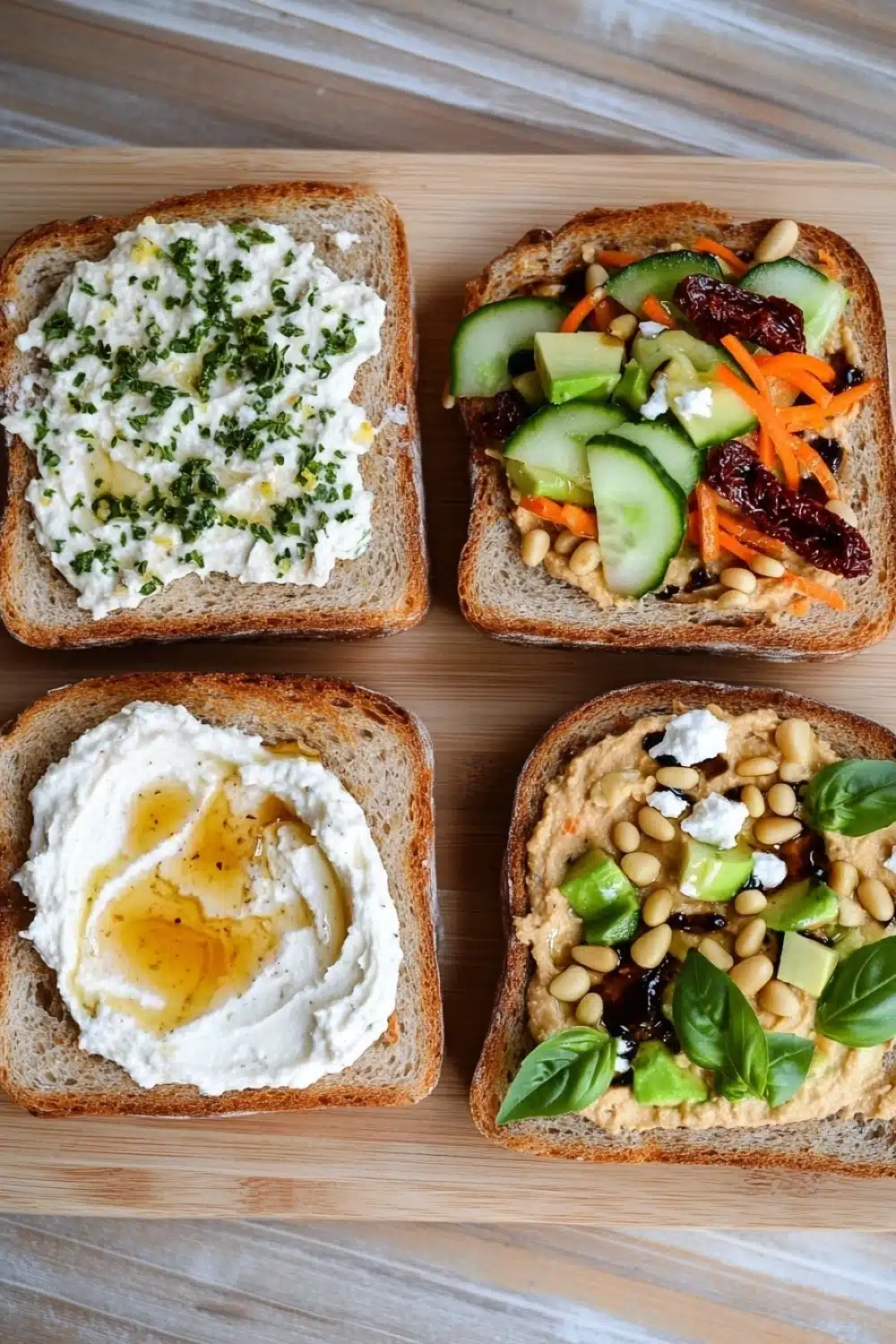 Bread toppings - the image shows four slices of bread arranged on a wooden cutting board. each slice has a different type of food on it. the first slice on the top left is topped with a dollop of white cream cheese and garnished with chopped herbs. the second slice in the middle is filled with sliced cucumbers, carrots, and sun-dried tomatoes. the third slice is covered in a creamy white sauce with a runny yolk. the fourth slice is filled to the brim with a mixture of chickpeas, avocado, and basil. all four slices are arranged in a neat and orderly manner, with the bread on the left slightly overlapping the one on the right. the background is a light-colored wooden table.