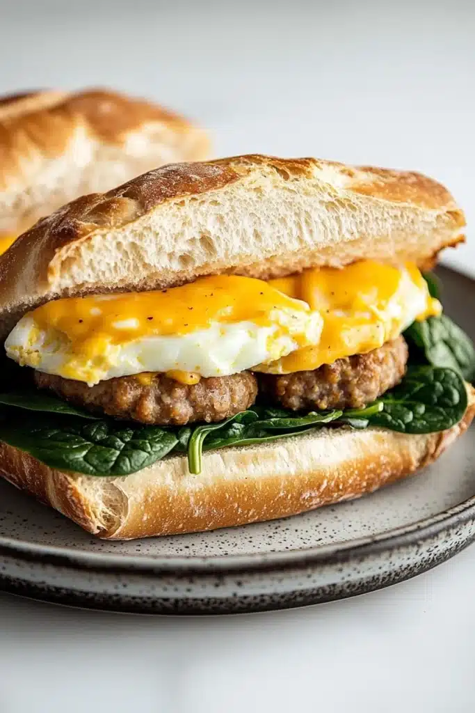 Breakfast sandwich ciabatta - the image shows a breakfast sandwich on a plate. the sandwich is made with a toasted bun and is topped with a fried egg on top. the egg is cooked sunny-side up and is oozing out of the sides. the sausage is cooked to a golden brown and appears to be seasoned with herbs and spices. the plate is gray with a speckled pattern and there is another sandwich visible in the background.