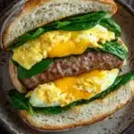 Breakfast sandwich ciabatta - the image shows a breakfast sandwich on a brown and white speckled plate. the sandwich is made with two slices of toasted bread, topped with a generous helping of scrambled eggs and fresh spinach leaves. the eggs are cooked sunny-side up and runny, and the spinach leaves are a vibrant green color. the plate is sitting on a wooden table with a few sprigs of fresh spinach scattered around it.