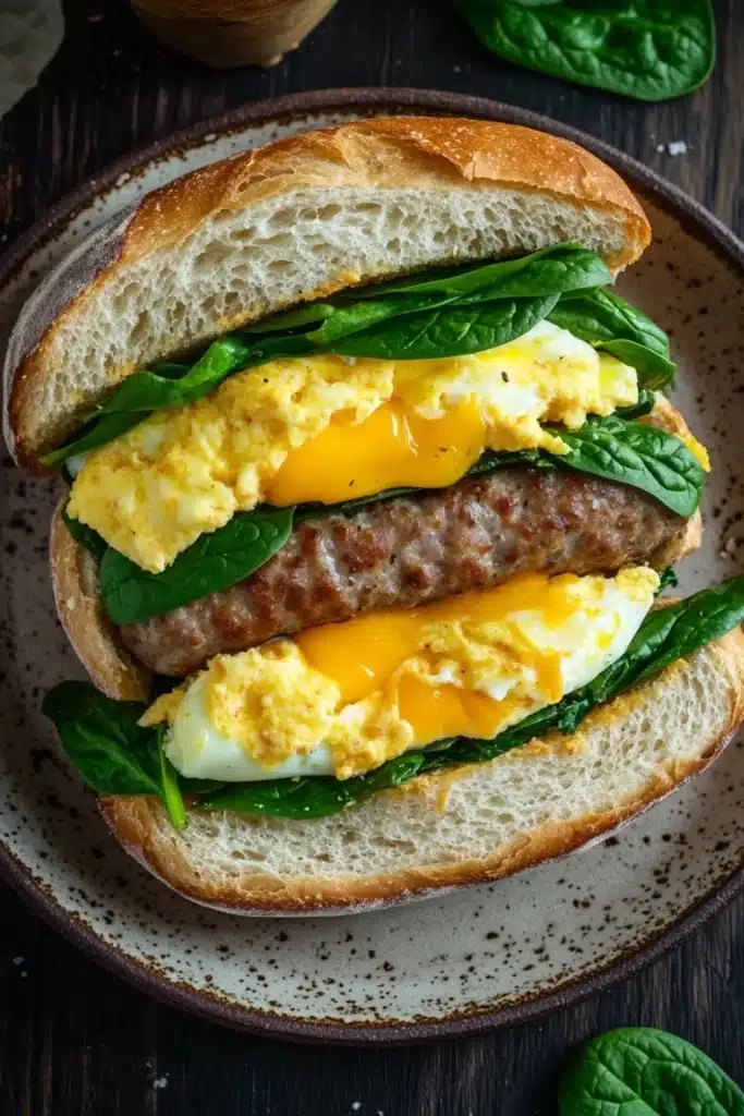 Breakfast sandwich ciabatta - the image shows a breakfast sandwich on a brown and white speckled plate. the sandwich is made with two slices of toasted bread, topped with a generous helping of scrambled eggs and fresh spinach leaves. the eggs are cooked sunny-side up and runny, and the spinach leaves are a vibrant green color. the plate is sitting on a wooden table with a few sprigs of fresh spinach scattered around it.
