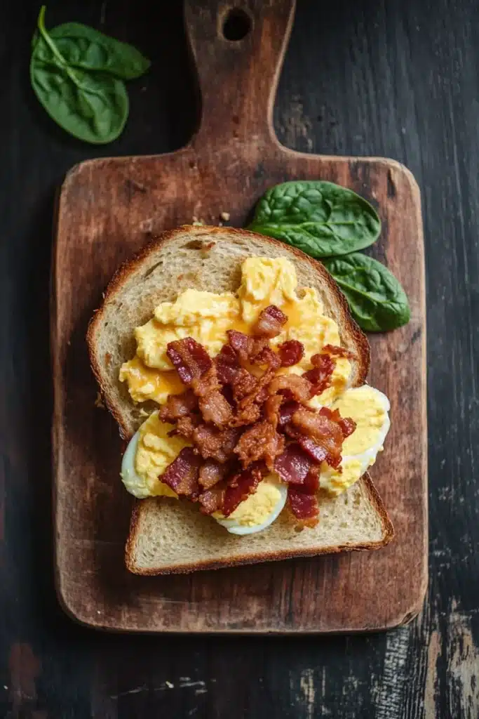 Breakfast sandwich on sourdough bread - the image shows a wooden cutting board with a sandwich on it. the sandwich is made with two slices of toasted bread, topped with scrambled eggs and bacon. the eggs are yellow and runny, and the bacon is crispy and golden brown. there are two sprigs of fresh spinach on the cutting board, adding a pop of green color to the dish. the cutting board is placed on a dark wooden table.