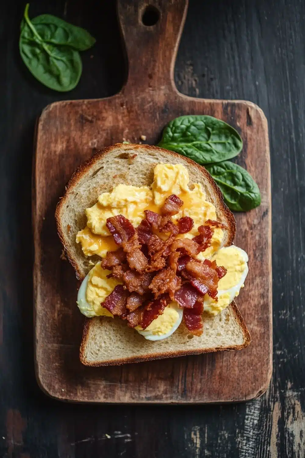 Breakfast sandwich on sourdough bread - the image shows a wooden cutting board with a sandwich on it. the sandwich is made with two slices of toasted bread, topped with scrambled eggs and bacon. the eggs are yellow and runny, and the bacon is crispy and golden brown. there are two sprigs of fresh spinach on the cutting board, adding a pop of green color to the dish. the cutting board is placed on a dark wooden table.