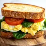 Breakfast sandwich on sourdough bread - the image shows a sandwich on a wooden cutting board. the sandwich is made with two slices of toasted bread, filled with scrambled eggs, sliced tomatoes, and fresh spinach leaves. the eggs are yellow and runny, and the tomatoes are bright red. the spinach leaves are a vibrant green color and appear to be fresh and healthy. the cutting board is placed on a white marble countertop.