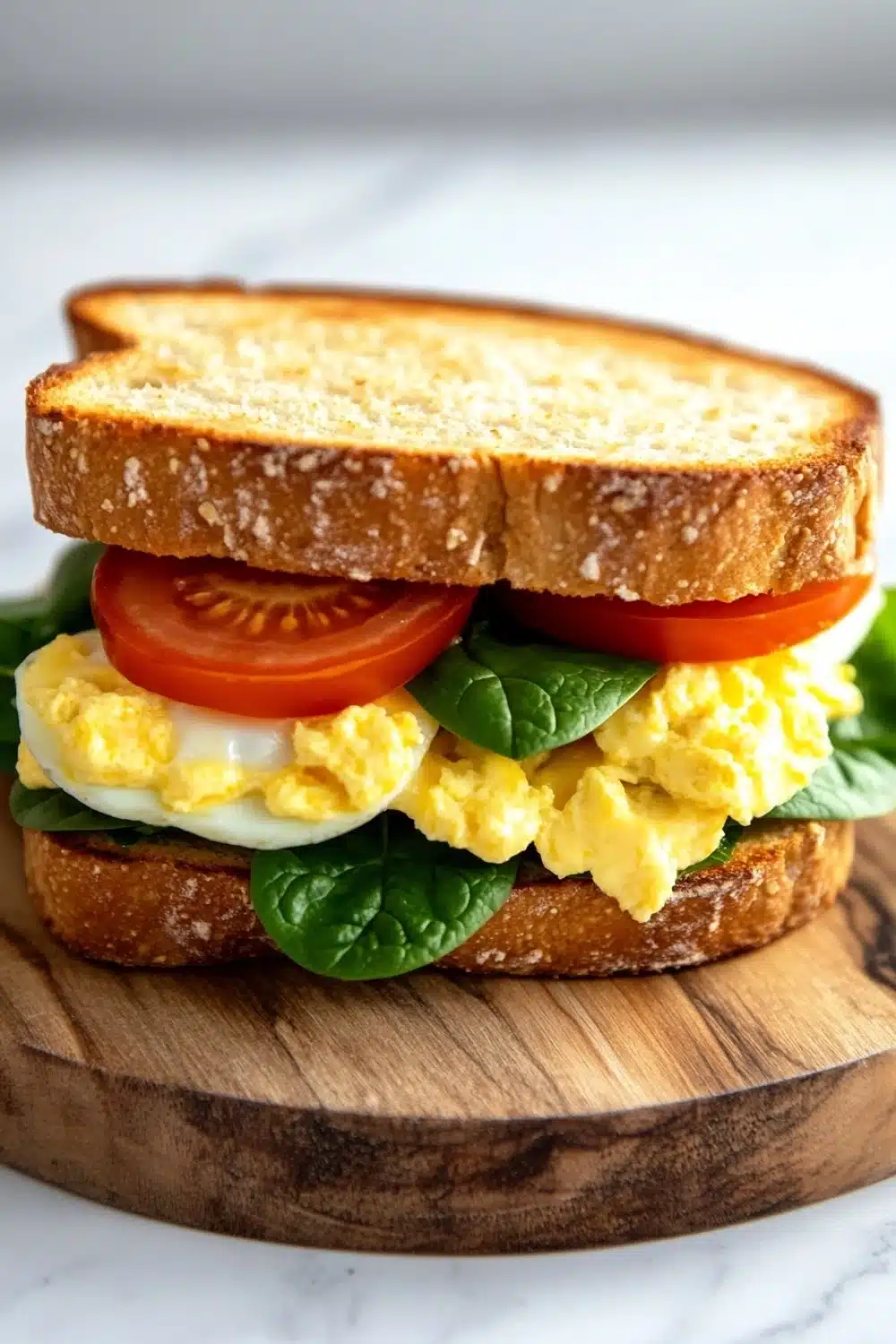 Breakfast sandwich on sourdough bread - the image shows a sandwich on a wooden cutting board. the sandwich is made with two slices of toasted bread, filled with scrambled eggs, sliced tomatoes, and fresh spinach leaves. the eggs are yellow and runny, and the tomatoes are bright red. the spinach leaves are a vibrant green color and appear to be fresh and healthy. the cutting board is placed on a white marble countertop.