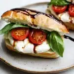Burrata caprese sandwich with tomato confit - the image shows two sandwiches on a white plate. the sandwiches are made with a toasted bread and are topped with a generous amount of mozzarella cheese, sliced cherry tomatoes, and fresh basil leaves. the cheese is melted and bubbly, and the tomatoes are bright red. the basil leaves are a vibrant green color and are arranged in a circular pattern around the sandwich. the plate is sitting on a marble countertop. the background is blurred, but it appears to be a kitchen countertop with other plates and utensils visible.