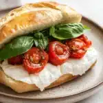 Burrata caprese sandwich with tomato confit - the image shows a sandwich on a plate. the sandwich is made with a toasted bun and is topped with a generous amount of mozzarella cheese. on top of the cheese, there are several cherry tomatoes and fresh basil leaves. the tomatoes are bright red and appear to be ripe and juicy. the basil leaves are a vibrant green color and are scattered around the sandwich. the plate is a light brown color with a speckled pattern. the background is blurred, but it appears to be a white countertop.