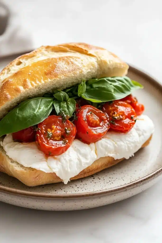 Burrata caprese sandwich with tomato confit - the image shows a sandwich on a plate. the sandwich is made with a toasted bun and is topped with a generous amount of mozzarella cheese. on top of the cheese, there are several cherry tomatoes and fresh basil leaves. the tomatoes are bright red and appear to be ripe and juicy. the basil leaves are a vibrant green color and are scattered around the sandwich. the plate is a light brown color with a speckled pattern. the background is blurred, but it appears to be a white countertop.