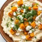 Butternut squash whipped feta dip - the image is a close-up of a dish in a brown ceramic bowl. the dish appears to be a creamy, light-colored dip or dip with chunks of roasted butternut squash and feta cheese scattered on top. the squash are cut into small cubes and are arranged in a circular pattern on top of the dip. the dip is garnished with a sprig of fresh dill. the bowl is sitting on a white marble countertop.