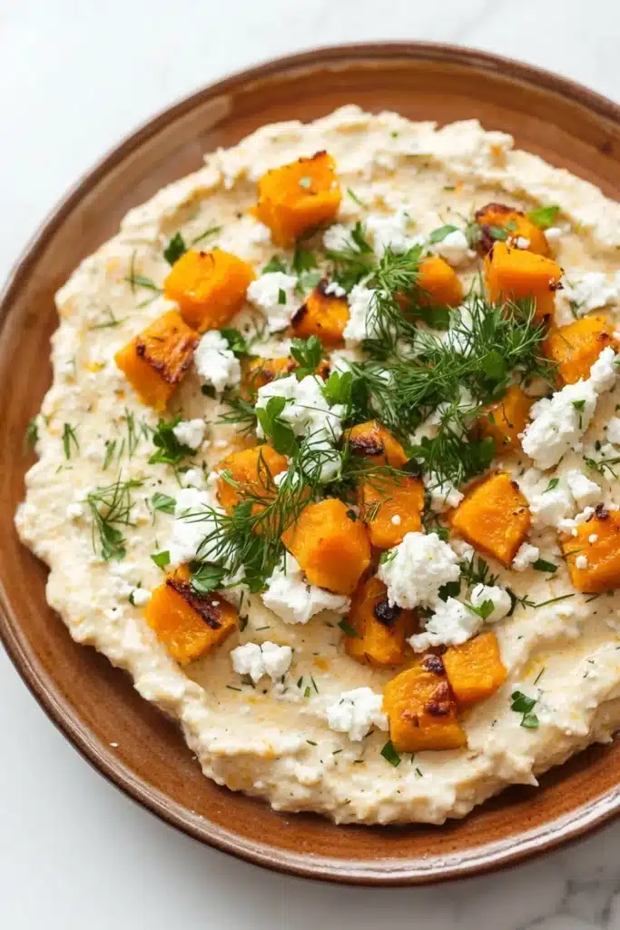 Butternut squash whipped feta dip - the image is a close-up of a dish in a brown ceramic bowl. the dish appears to be a creamy, light-colored dip or dip with chunks of roasted butternut squash and feta cheese scattered on top. the squash are cut into small cubes and are arranged in a circular pattern on top of the dip. the dip is garnished with a sprig of fresh dill. the bowl is sitting on a white marble countertop.