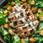 Caesar salad over chicken - the image is a close-up of a salad in a brown bowl. the salad is made up of green lettuce leaves and is topped with grilled chicken strips, croutons, and a drizzle of white sauce. the chicken strips are arranged in a circular pattern and appear to be seasoned with herbs and spices. the sauce is drizzled over the top of the chicken strips. the bowl is sitting on a dark grey countertop.
