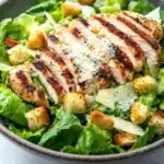 Caesar salad over chicken - the image is a close-up of a salad in a bowl. the salad is made up of green leafy vegetables, possibly romaine lettuce, and is topped with grilled chicken breasts. the chicken is cooked to a golden brown color and is drizzled with grated parmesan cheese. there are also croutons scattered throughout the salad, adding a crunchy texture. the bowl is sitting on a white marble countertop.