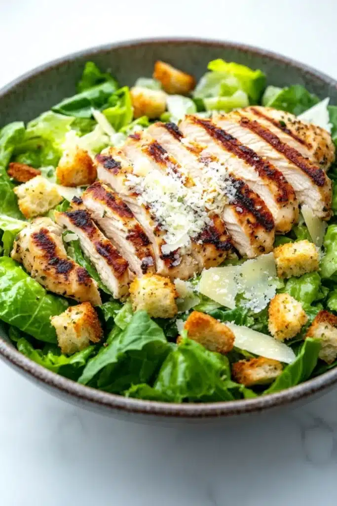 Caesar salad over chicken - the image is a close-up of a salad in a bowl. the salad is made up of green leafy vegetables, possibly romaine lettuce, and is topped with grilled chicken breasts. the chicken is cooked to a golden brown color and is drizzled with grated parmesan cheese. there are also croutons scattered throughout the salad, adding a crunchy texture. the bowl is sitting on a white marble countertop.