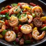 Cajun shrimp and sausage skillet - the image is a close-up of a dish in a black bowl. the dish appears to be a stir-fry with shrimp, sausage, and various vegetables. the shrimp are cooked medium-sized and have a pinkish-orange color. the sausage is browned and appears to have a crispy texture. the vegetables include bell peppers, red onions, and green bell peppers. there are also some chopped parsley scattered throughout the dish. the bowl is sitting on a dark wooden table with a sprig of parsley on the side.