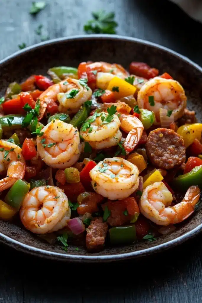 Cajun shrimp and sausage skillet - the image is a close-up of a dish in a black bowl. the dish appears to be a stir-fry with shrimp, sausage, and various vegetables. the shrimp are cooked medium-sized and have a pinkish-orange color. the sausage is browned and appears to have a crispy texture. the vegetables include bell peppers, red onions, and green bell peppers. there are also some chopped parsley scattered throughout the dish. the bowl is sitting on a dark wooden table with a sprig of parsley on the side.