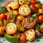 Cajun shrimp and sausage skillet - the image is a close-up of a plate of food. the plate is round and has a light blue and white speckled pattern. on top of the plate, there are several large shrimp, which appear to be cooked and have a golden-brown color. the shrimp are arranged in a circular pattern, with some overlapping each other. there are also small pieces of diced tomatoes, green bell peppers, and red onions scattered throughout the dish. the tomatoes are bright red and look ripe and juicy, while the bell peppers are yellow and green. the onions are red and appear to have a slightly charred texture. the dish is garnished with chopped parsley, adding a pop of green color to the plate. the background is dark, making the colors of the dish stand out.