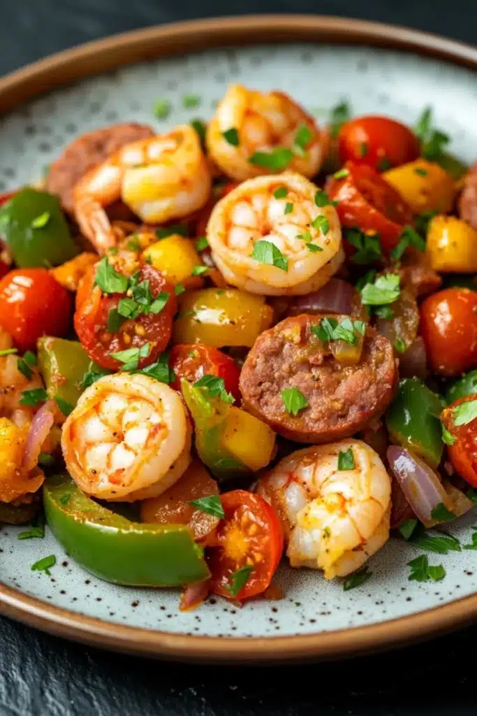 Cajun shrimp and sausage skillet - the image is a close-up of a plate of food. the plate is round and has a light blue and white speckled pattern. on top of the plate, there are several large shrimp, which appear to be cooked and have a golden-brown color. the shrimp are arranged in a circular pattern, with some overlapping each other. there are also small pieces of diced tomatoes, green bell peppers, and red onions scattered throughout the dish. the tomatoes are bright red and look ripe and juicy, while the bell peppers are yellow and green. the onions are red and appear to have a slightly charred texture. the dish is garnished with chopped parsley, adding a pop of green color to the plate. the background is dark, making the colors of the dish stand out.