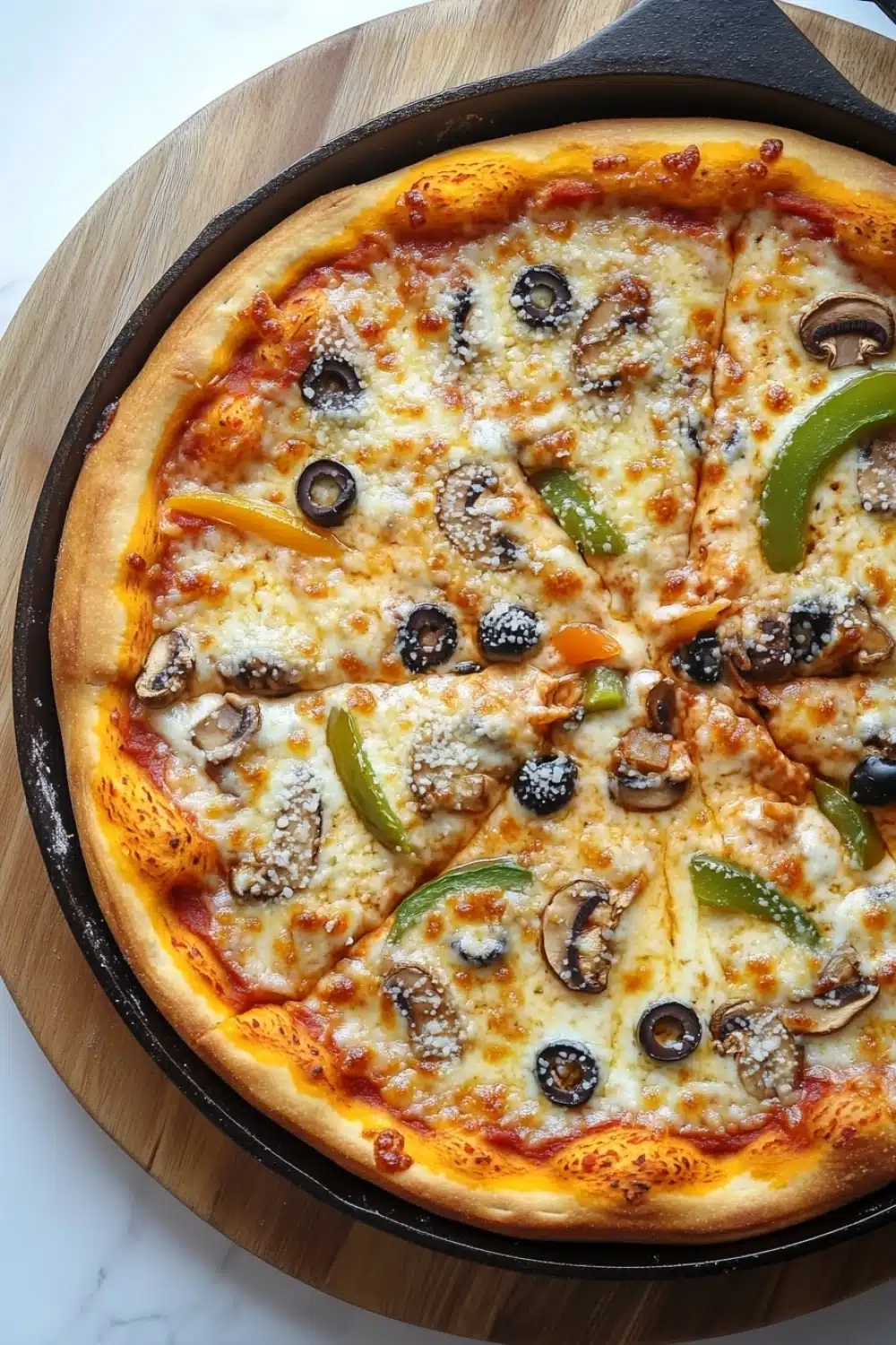 Cast iron pizza deep dish - the image is of a large pizza in a black cast iron skillet. the pizza is round and has a golden brown crust. it is topped with melted cheese, sliced mushrooms, green bell peppers, and black olives. the cheese is melted and bubbly, and the toppings are arranged in a circular pattern around the edges of the pizza. the skillet is sitting on a white marble countertop.